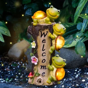 Solar Outdoor Statues, cute Frog Face Turtles