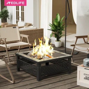 30 Inch Fire Pit, w/ Table, Mesh Lid & Fire Poker